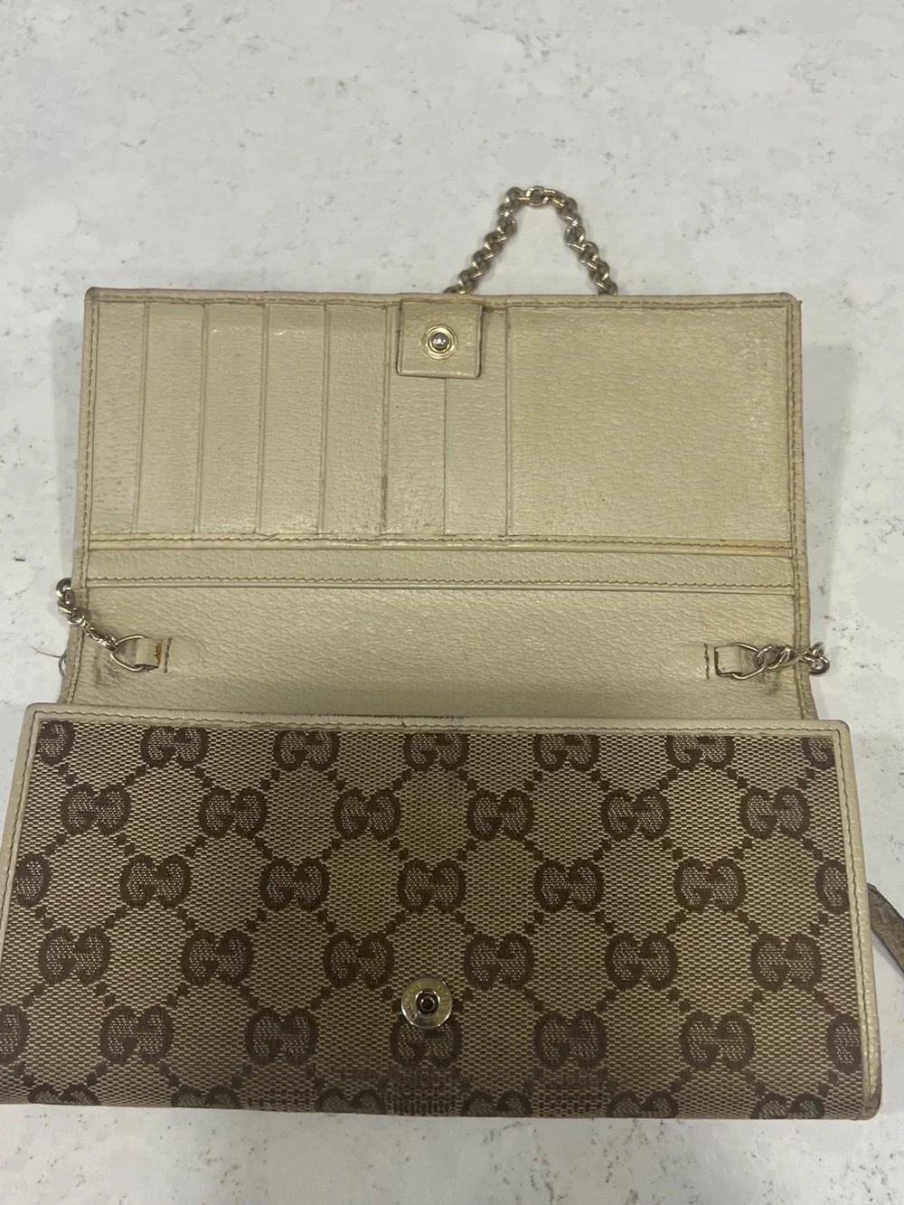 Gucci Brown Beige Monogram Canvas Chain Clutch
